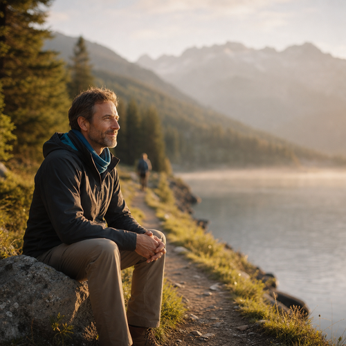 Gründer nachdenklich am Bergsee bei Sonnenaufgang, ruhige, natürliche Stimmung.